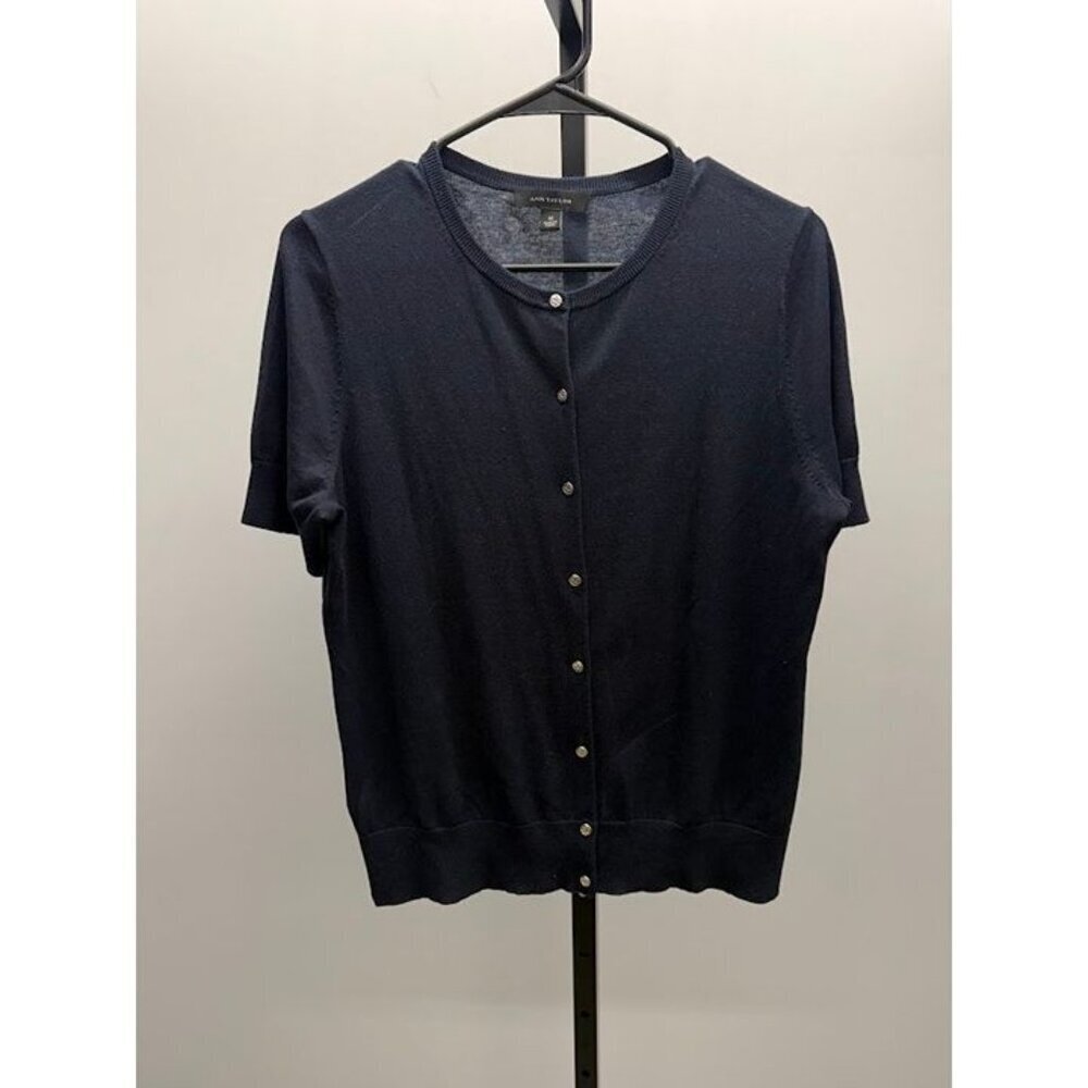 Ann Taylor Navy Blue Knit Silk Blend Cardigan Short Sleeved Top